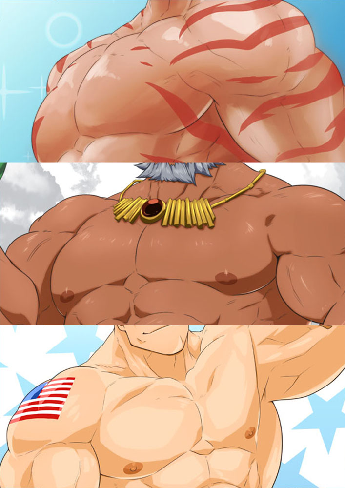 3boys, bara, breasts_day, cyuss_warren, dark-skinned_male, dark_skin, good_breasts_day, guile