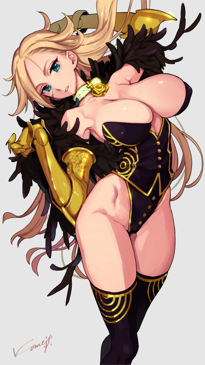 1girl, absurdres, aqua_eyes, arm_up, armpits, black_thighhighs, blonde_hair, breasts, choker, cleavage, commission, dutch_angle, eiyuu_senki, flipped_hair, gauntlets, gilgamesh_(eiyuu_senki), grey_background, highleg, highleg_leotard, highres, kome_(vm500), large_breasts, leotard, long_hair, looking_at_viewer, parted_bangs, parted_lips, second-party_source, simple_background, skeb_commission, solo, thighhighs, very_long_hair
