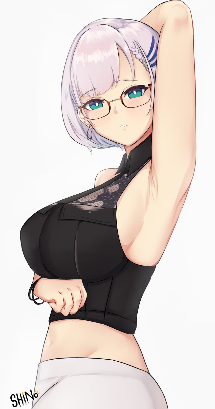 1girl, absurdres, arm_under_breasts, arm_up, armpits, asymmetrical_hair, black_shirt, blouse