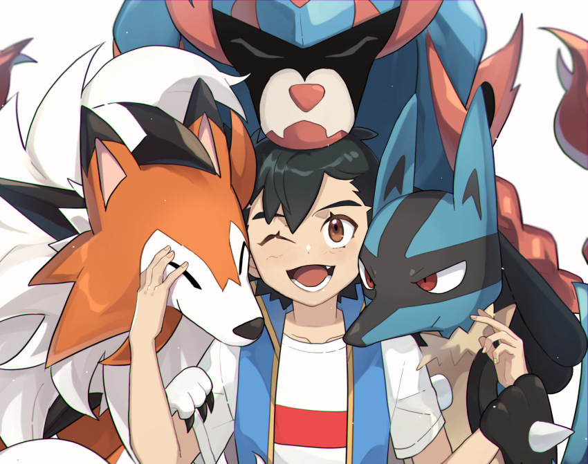 1boy, ;d, ash_ketchum, black_hair, blue_jacket, brown_eyes, collarbone, commentary_request, eyelashes, gen_4_pokemon, gen_7_pokemon, gen_8_pokemon, hands_up, highres, jacket, legendary_pokemon, looking_up, lucario, lycanroc, lycanroc_(dusk), male_focus, nintendo, one_eye_closed, open_mouth, ou_negi, pokemon, pokemon_(anime), pokemon_(creature), pokemon_journeys, shirt, short_hair, short_sleeves, sleeveless, sleeveless_jacket, smile, t-shirt, teeth, tongue, upper_body, white_shirt, zacian, zacian_(hero)