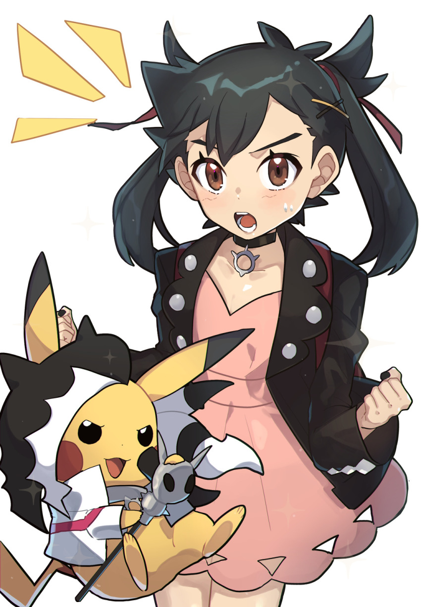 1boy, ash_ketchum, black_hair, black_jacket, black_nails, blush, brown_eyes, clenched_hands, clothed_pokemon, commentary_request, cosplay, crossdressing, crossdressing_(mtf), dress, eyelashes, hair_ribbon, highres, jacket, long_hair, male_focus, marnie_(pokemon), marnie_(pokemon)_(cosplay), microphone_stand, nail_polish, nintendo, open_clothes, open_jacket, open_mouth, ou_negi, piers_(pokemon), piers_(pokemon)_(cosplay), pink_dress, pokemon, pokemon_(anime), pokemon_journeys, red_ribbon, ribbon, sweat, teeth, tongue, twintails