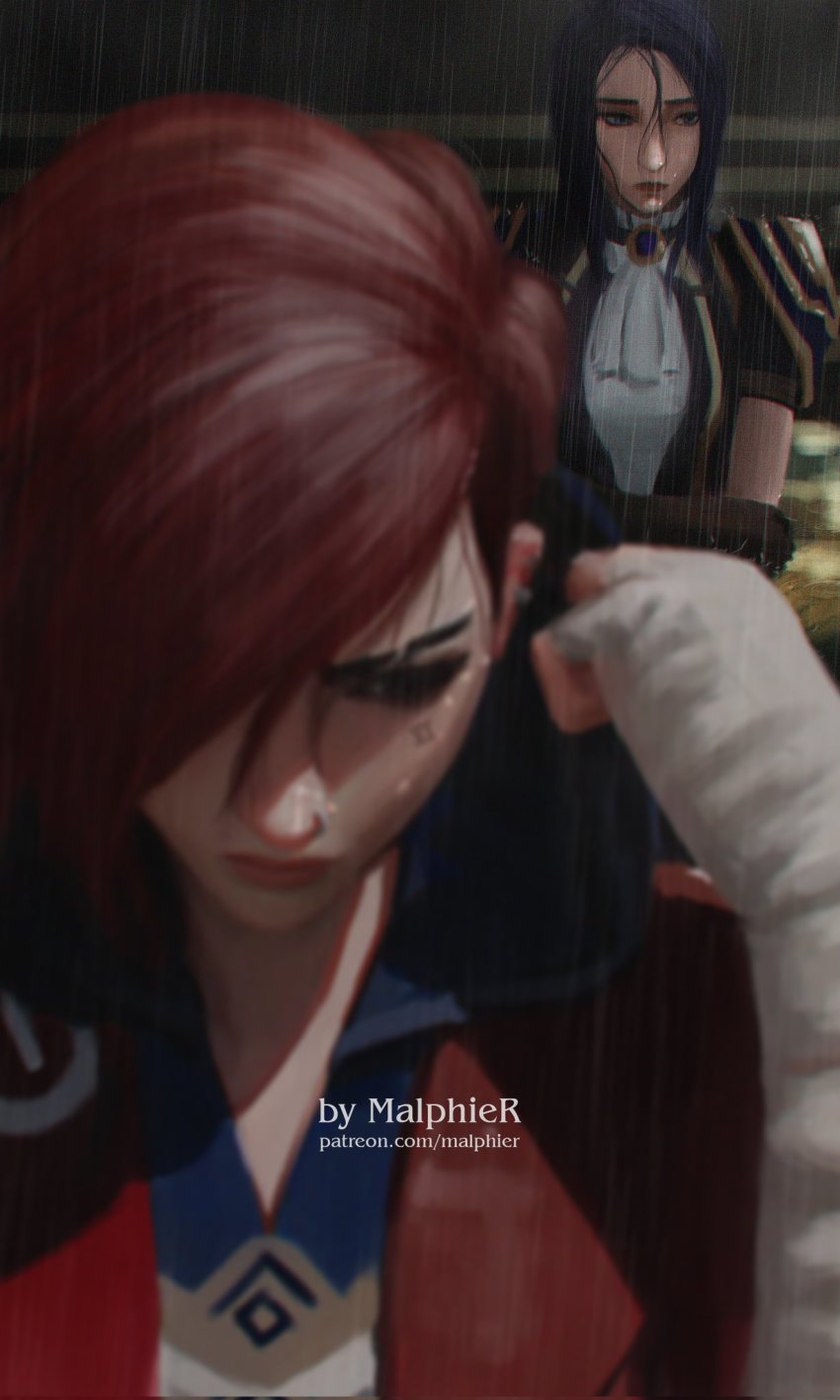 arcane:_league_of_legends, arcane_caitlyn, arcane_vi, artist_name, blue_hair, blurry, blurry_foreground, caitlyn_(league_of_legends)