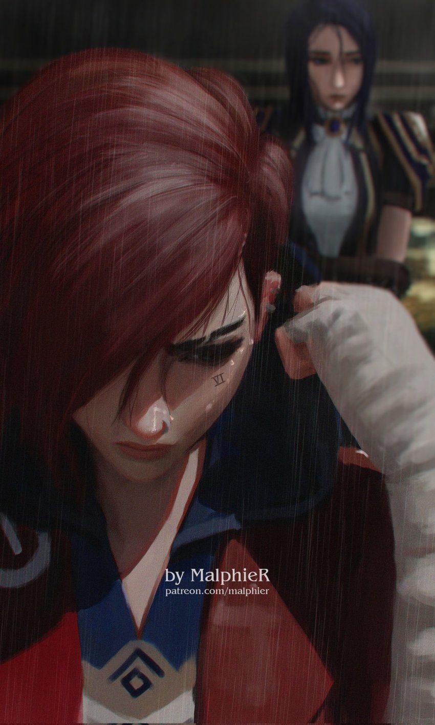 arcane:_league_of_legends, arcane_caitlyn, arcane_vi, artist_name, blue_hair, blurry, blurry_background, caitlyn_(league_of_legends)