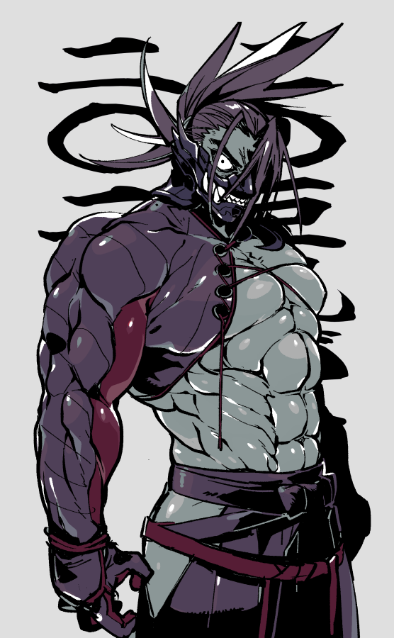 1boy, abs, bara, brown_hair, clothing_cutout, fate/grand_order, fate_(series), hair_over_one_eye