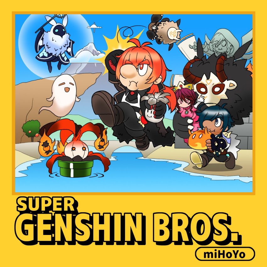 1girl, 2boys, abyss_mage_(genshin_impact), alternate_costume, arm_up, arms_up, aura, black_coat