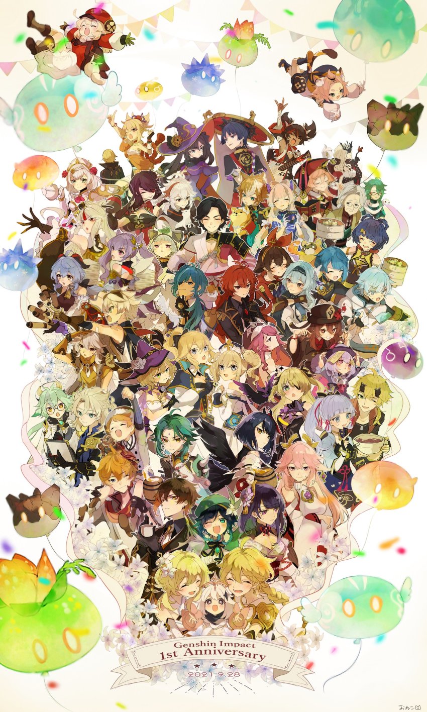 6+boys, 6+girls, absurdres, aether_(genshin_impact), ahoge, albedo_(genshin_impact), alcohol, amber_(genshin_impact), animal, animal_ears, anniversary, antenna_hair, arm_up, armor, ayaka_(genshin_impact), backpack, bag, baizhu_(genshin_impact), balloon, bamboo_steamer, bandages, bandaid, barbara_(genshin_impact), bead_necklace, beads, beer, beer_mug, beidou_(genshin_impact), bennett_(genshin_impact), bird, black_gloves, black_hair, black_wings, blonde_hair, blue_eyes, blue_hair, blunt_bangs, blush, book, braid, braided_bun, breasts, brown_gloves, brown_hair, bug, butterfly, cape, carrying, cat, cat_ears, cat_tail, chongyun_(genshin_impact), closed_eyes, closed_mouth, clover, colored_eyepatch, commentary_request, confetti, cup, dainsleif_(genshin_impact), dark-skinned_female, dark-skinned_male, dark_skin, dated, detached_sleeves, diluc_(genshin_impact), diona_(genshin_impact), dodoco_(genshin_impact), dog, dress, drill_hair, earrings, eula_(genshin_impact), everyone, eyepatch, facial_mark, fake_horns, feathered_wings, fingerless_gloves, fischl_(genshin_impact), flower, food, forehead_mark, four-leaf_clover, ganyu_(genshin_impact), genshin_impact, glasses, gloves, goggles, goggles_on_head, gorou_(genshin_impact), gradient_hair, green_hair, grey_hair, grin, guoba_(genshin_impact), habit, hadanugi_dousa, hair_between_eyes, hair_bun, hair_flower, hair_ornament, hair_ribbon, hair_rings, hairband, hairclip, hairpin, halo, hat, hat_flower, headband, highres, holding, holding_book, hood, hood_up, horned_headwear, horns, hu_tao_(genshin_impact), insect, instrument, jacket, japanese_armor, japanese_clothes, jean_(genshin_impact), jewelry, kaedehara_kazuha, kaeya_(genshin_impact), keqing_(genshin_impact), kimono, klee_(genshin_impact), kujou_sara, lisa_(genshin_impact), long_hair, long_sleeves, lumine_(genshin_impact), madame_ping_(genshin_impact), mask, mask_on_head, mole, mole_under_eye, mona_(genshin_impact), mug, multicolored_hair, multiple_boys, multiple_girls, nail_polish, naruka_(ynarukay), necklace, newsboy_cap, ningguang_(genshin_impact), noelle_(genshin_impact), nun_headdress, ofuda, one_eye_closed, open_clothes, open_kimono, open_mouth, orange_hair, oz_(genshin_impact), paimon_(genshin_impact), paper, partially_fingerless_gloves, pointy_ears, ponytail, purple_eyes, purple_hair, qiqi_(genshin_impact), raiden_shogun, razor_(genshin_impact), red_hair, red_headwear, red_scarf, ribbon, rosaria_(genshin_impact), ruin_guard_(genshin_impact), sangonomiya_kokomi, sarashi, sayu_(genshin_impact), scar, scar_on_arm, scar_on_face, scaramouche_(genshin_impact), scarf, shirt, short_hair, shoulder_carry, side_braids, signature, signora_(genshin_impact), single_braid, single_earring, slime_(genshin_impact), smile, snake, star_(symbol), streaked_hair, stuffed_toy, sucrose_(genshin_impact), sweat, tail, taroumaru_(genshin_impact), tartaglia_(genshin_impact), tassel, teacup, teapot, teppei_(genshin_impact), teucer_(genshin_impact), thoma_(genshin_impact), tray, twin_drills, twintails, venti_(genshin_impact), vision_(genshin_impact), white_flower, white_hair, wide_sleeves, wings, witch_hat, xiangling_(genshin_impact), xiao_(genshin_impact), xingqiu_(genshin_impact), xinyan_(genshin_impact), yae_miko, yanfei_(genshin_impact), yellow_eyes, yoimiya_(genshin_impact)