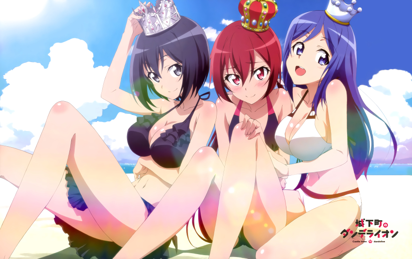 3girls, absurdres, beach, black_hair, blue_eyes, blush, breasts, cleavage