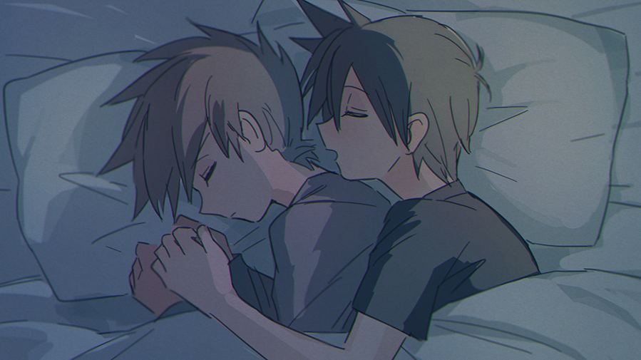 2boys, blue_oak, brown_hair, closed_eyes, closed_mouth, commentary_request, from_above, itome_(funori1)