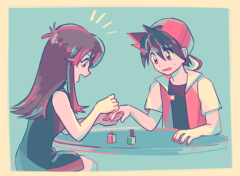 1boy, 1girl, applying_manicure, backwards_hat, bare_arms, baseball_cap, black_shirt, border