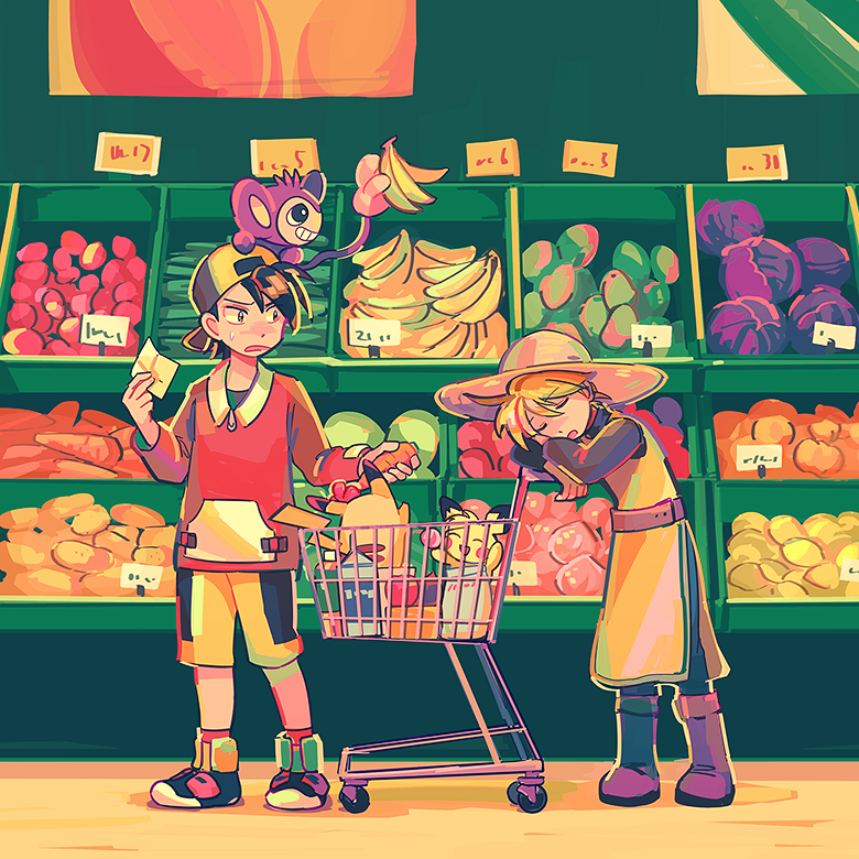 1boy, 1girl, aipom, backwards_hat, banana, baseball_cap, belt, black_hair