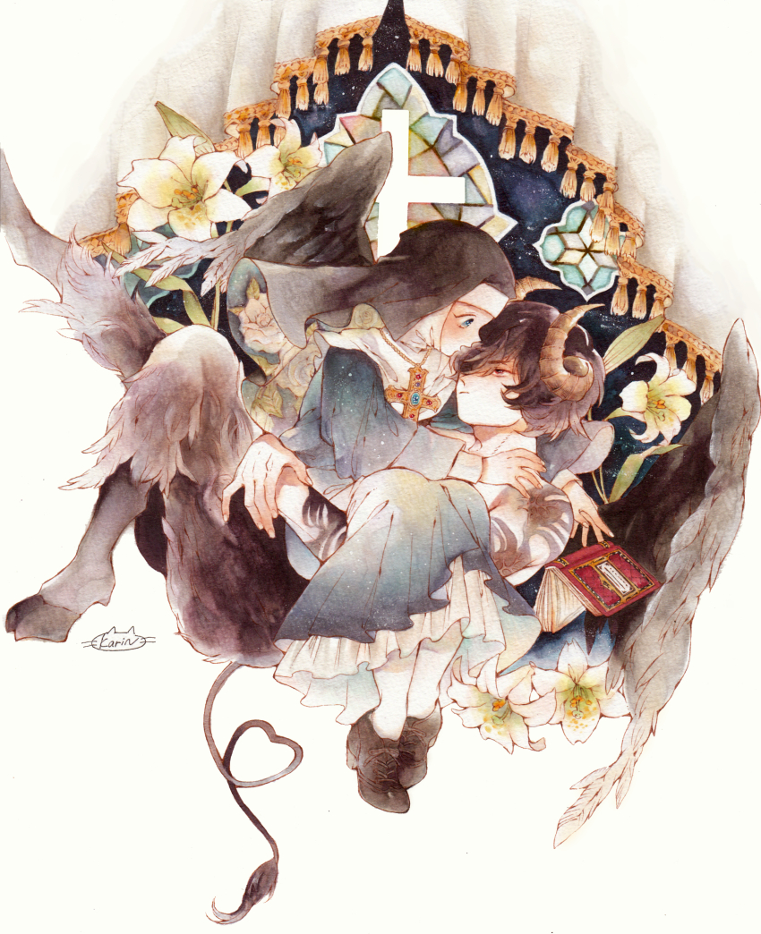 1boy, 1girl, absurdres, artist_name, black_footwear, black_headwear, black_wings, blue_dress