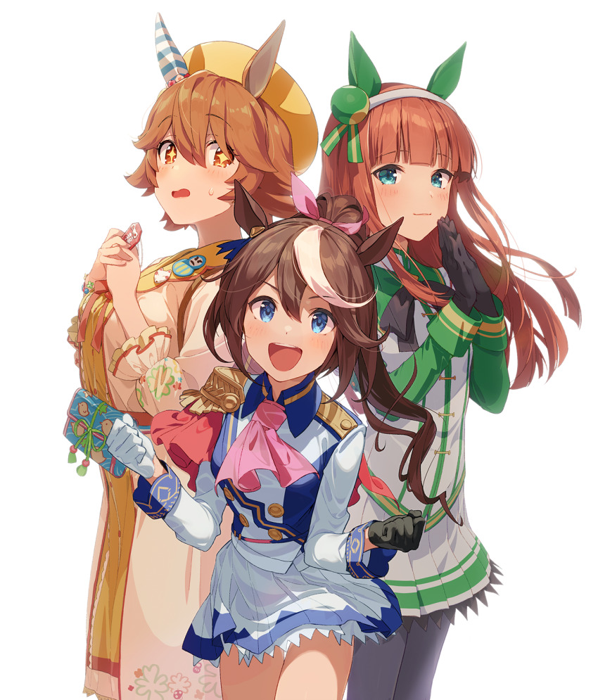 +_+, 3girls, :d, animal_ears, aqua_eyes, ascot, asymmetrical_gloves, black_bow