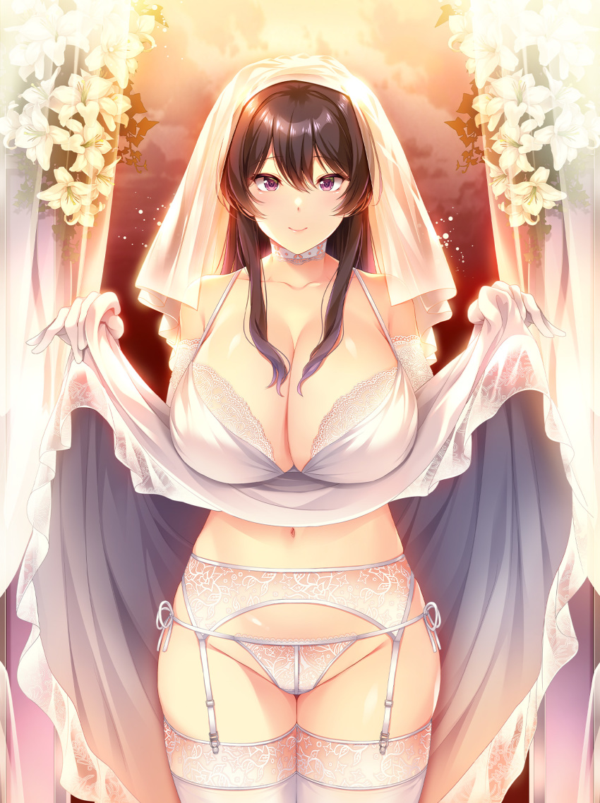 1girl, black_hair, bra, breasts, bridal_gauntlets, bridal_legwear, bridal_lingerie, bridal_veil, bride, choker, cleavage, closed_mouth, clothes_lift, collarbone, dakikano, dress, dress_lift, flower, fukami_arisa, garter_belt, garter_straps, hair_between_eyes, highres, large_breasts, legs_together, lifting_own_clothes, lily_(flower), lingerie, long_hair, looking_at_viewer, mdf_an, official_art, panties, purple_eyes, sidelocks, skirt, skirt_lift, smile, solo, standing, string_panties, thighhighs, underwear, veil, wedding_dress, white_dress, white_flower, white_panties, white_thighhighs