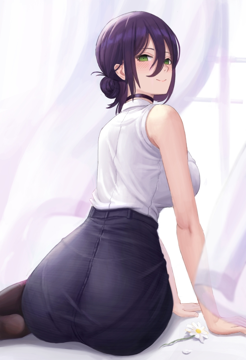 1girl, ass, bare_arms, bare_shoulders, black_legwear, black_skirt, blush, breasts, chainsaw_man, closed_mouth, commentary_request, curtains, empty_eyes, flower, from_behind, green_eyes, hair_between_eyes, hair_bun, high-waist_skirt, highres, kafkasea, large_breasts, looking_at_viewer, looking_back, no_shoes, pantylines, purple_hair, reze_(chainsaw_man), shirt, short_hair, sidelocks, single_hair_bun, sitting, skirt, sleeveless, sleeveless_shirt, smile, solo, white_flower, white_shirt, window, yokozuwari