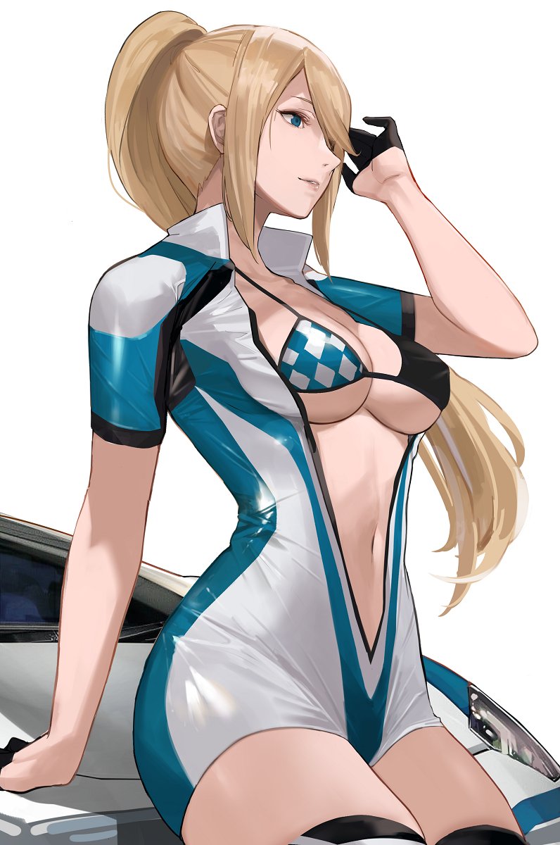 1girl, alternate_costume, bikini, bikini_top_only, black_gloves, blonde_hair, blue_eyes, bodysuit, breasts, car, eyebrows_hidden_by_hair, floating_hair, from_side, gloves, half_gloves, highres, j@ck, lamborghini, lamborghini_aventador, large_breasts, long_hair, metroid, motor_vehicle, navel, nintendo, on_car, parted_lips, ponytail, race_queen, race_vehicle, samus_aran, sidelocks, simple_background, sitting, solo, swimsuit, thighhighs, white_background