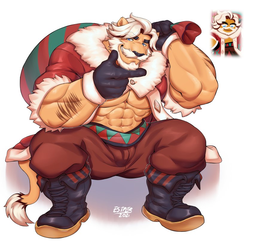 1boy, abs, absurdres, animal_ears, arm_hair, bara, beard, blue_eyes, bulge, carrying_over_shoulder, cookie_run, cookie_run:_ovenbreak, eggnog_cookie, estper, facial_hair, full_body, fur-trimmed_jacket, fur_trim, furrification, furry, furry_male, gift_bag, highres, jacket, large_pectorals, lion_boy, lion_ears, lion_tail, male_focus, mature_male, muscular, muscular_male, mustache, navel, open_clothes, open_jacket, pectoral_cleavage, pectorals, red_jacket, reference_inset, santa_costume, short_hair, sitting, solo, stomach, stroking_beard, tail, thick_eyebrows, underpec, white_hair