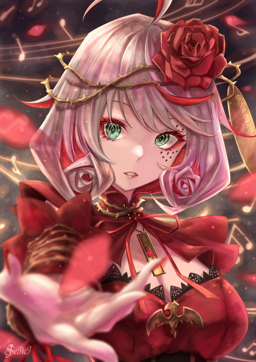 1girl, absurdres, black_legwear, blurry, breasts, cleavage, death-point, depth_of_field, destiny_(takt_op.), detached_collar, detached_sleeves, eyeshadow, facial_mark, flower, green_eyes, highres, long_sleeves, looking_at_viewer, makeup, medium_breasts, musical_note, parted_lips, petals, pink_hair, red_eyeshadow, red_flower, red_rose, rose, short_hair, signature, solo, takt_op., thorns, twitter_username, upper_body