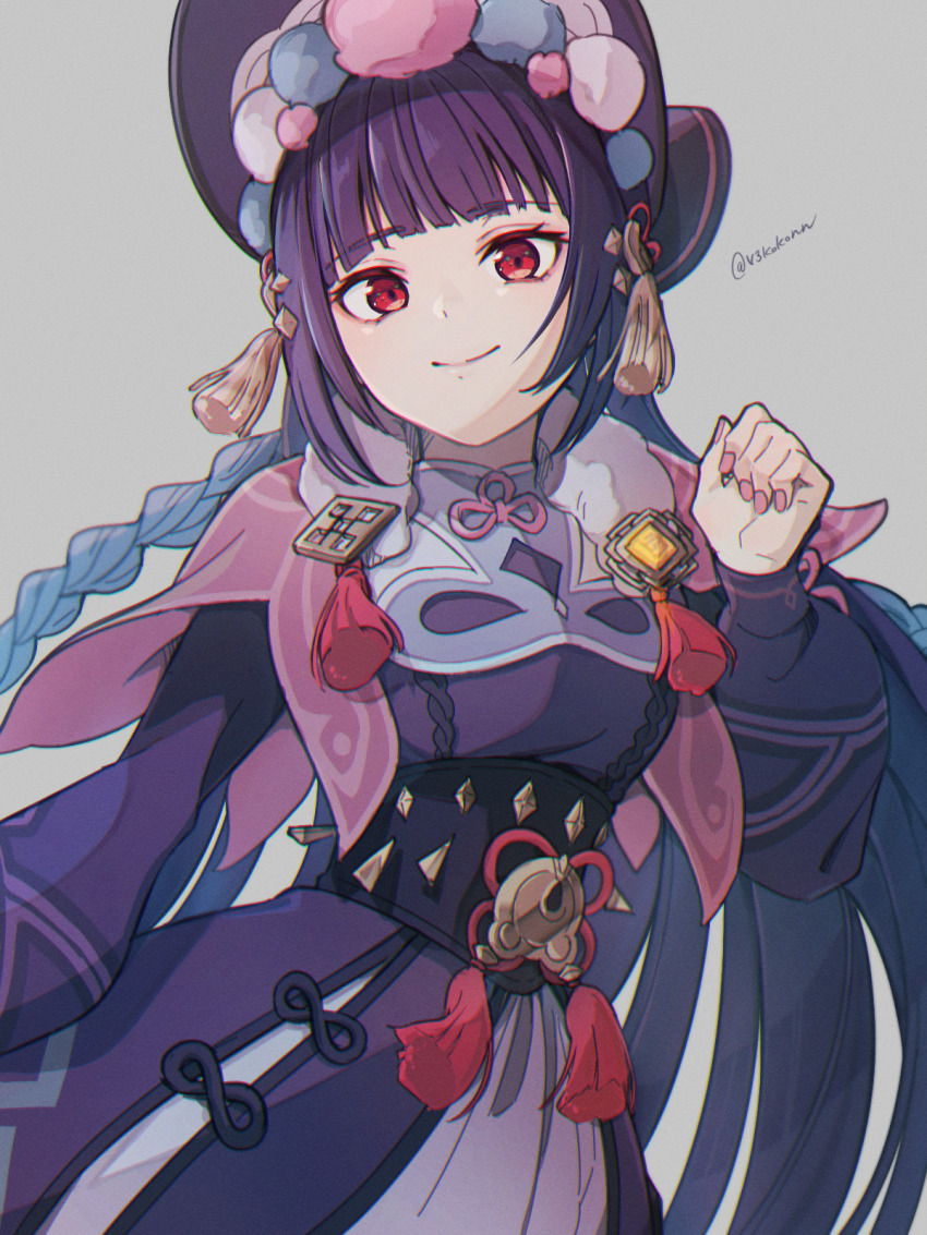 1girl, black_hair, blunt_bangs, genshin_impact, hat, highres, kitsunebi_v3kokonn, red_eyes