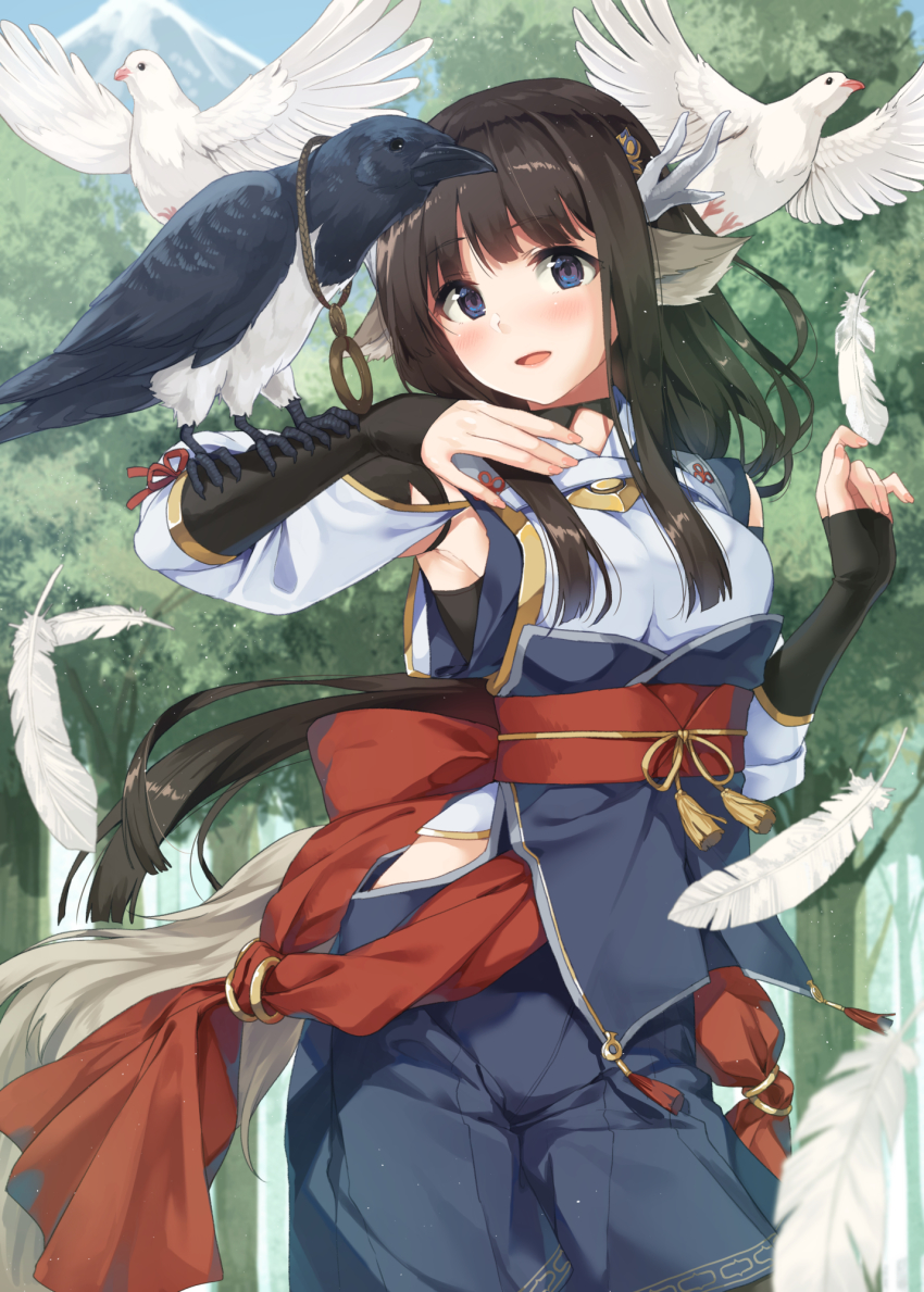 1girl, ainu_clothes, animal, animal_ears, animal_on_arm, aquaplus, arms_up, beak