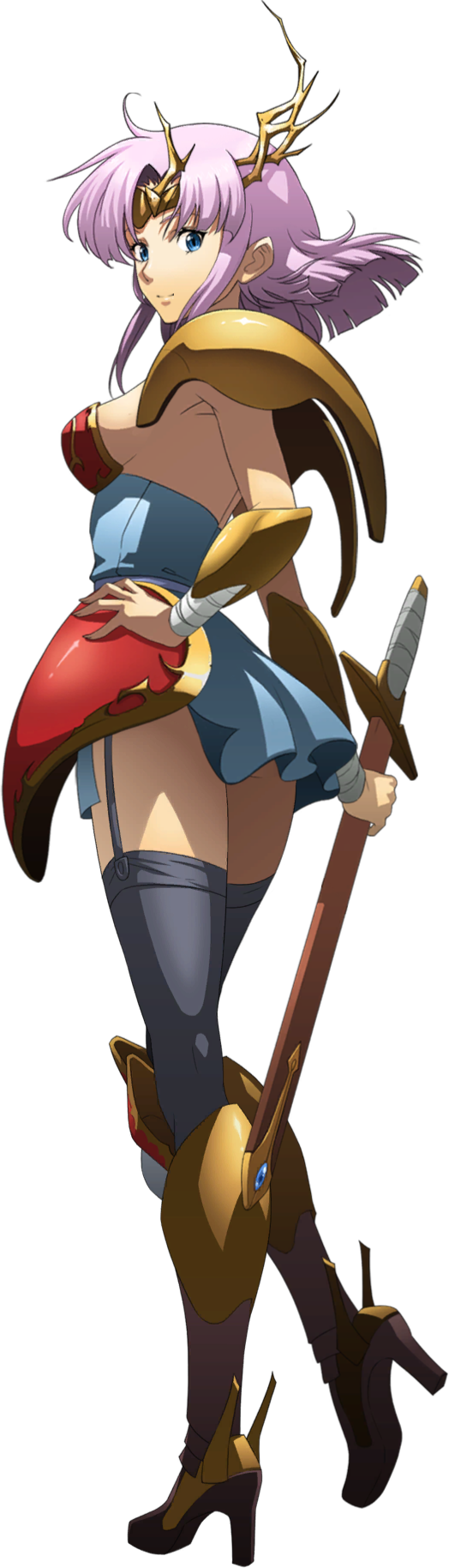 1girl, armor, armored_dress, bandaged_arm, bandages, blue_dress, blue_eyes, breasts