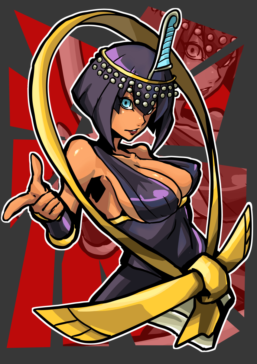 1girl, absurdres, black_hair, blue_eyes, breasts, cleavage, eliza_(skullgirls), headpiece, highres, looking_at_viewer, pointing, popopopopo_0101, short_hair, skullgirls, solo, upper_body, zoom_layer