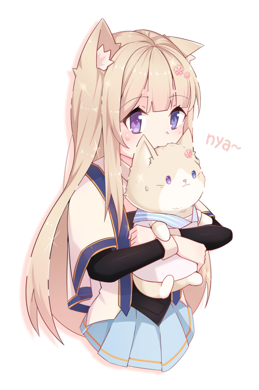 1girl, animal_ears, blonde_hair, blue_eyes, blue_skirt, cat, cat_ears, heterochromia