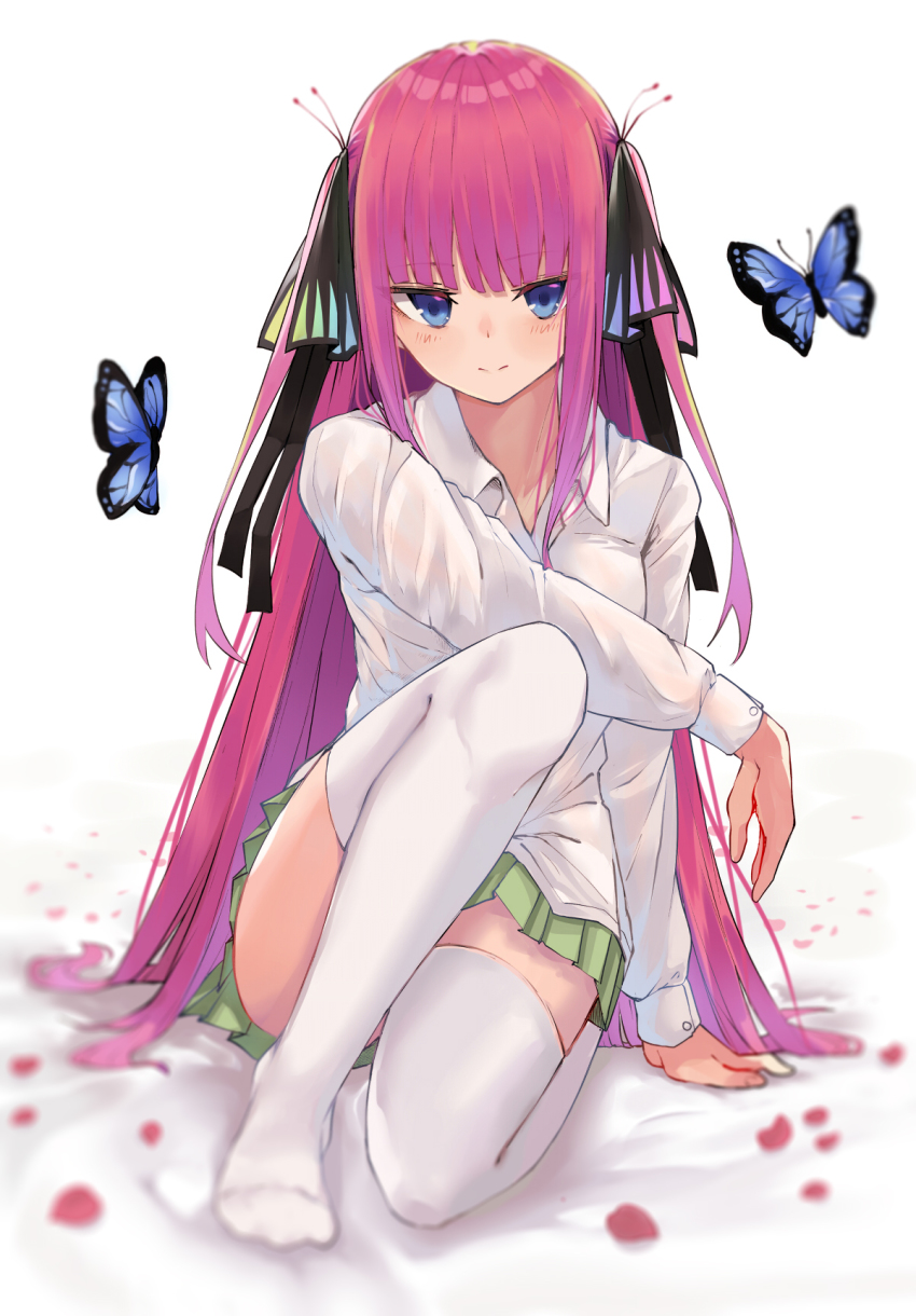 1girl, black_ribbon, blue_eyes, blunt_bangs, blush, breasts, bug, butterfly