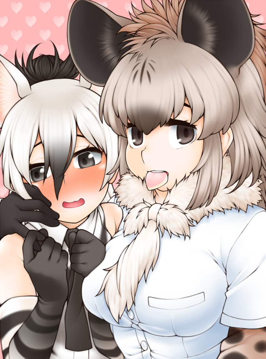 2girls, aardwolf_(kemono_friends), animal_ears, animal_print, arm_around_neck, bare_shoulders, black_eyes, black_hair
