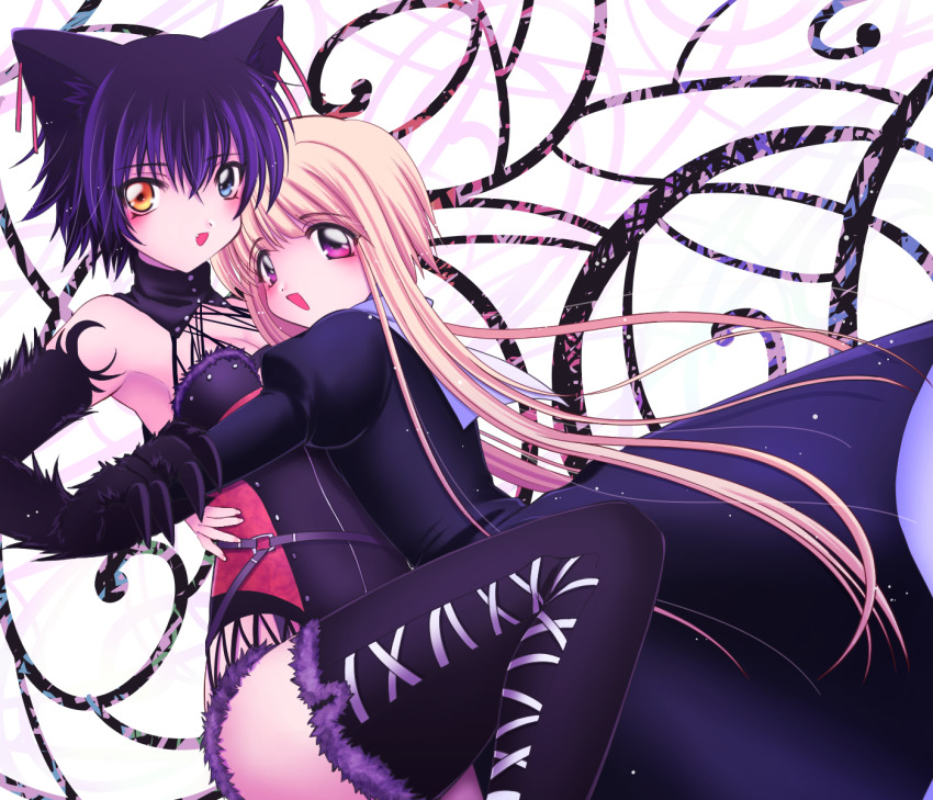 2girls, :d, animal_ear_fluff, animal_ears, ati_(sekien_no_inganock), black_dress, black_legwear, blonde_hair