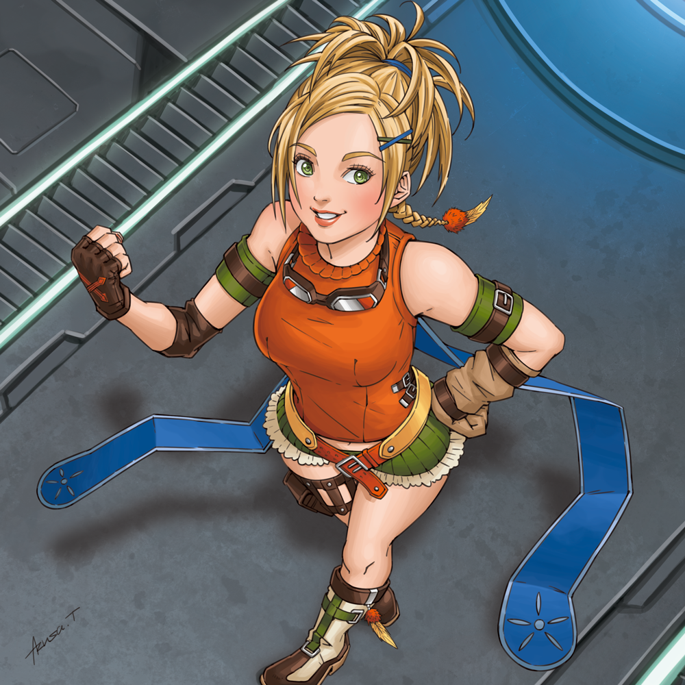 1girl, azusa_tanaka, blonde_hair, braid, breasts, earrings, final_fantasy, final_fantasy_x, fingerless_gloves, gloves, green_eyes, hair_ornament, hairclip, jewelry, looking_at_viewer, rikku_(ff10), short_hair, skirt, smile, solo, square_enix, x_hair_ornament