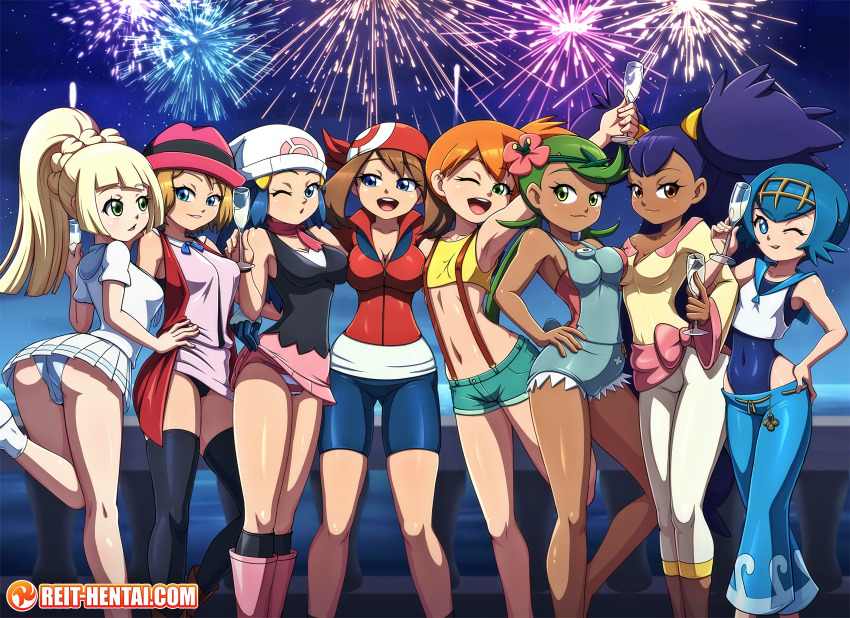 6+girls, arm_up, armpits, ass, bandana, bare_shoulders, bent_over, bike_shorts, black_hair, black_legwear, blonde_hair, blue_eyes, blue_hair, blush, boots, braid, breasts, brown_eyes, brown_hair, choker, cleavage, closed_mouth, clothes_lift, collarbone, covered_navel, crop_top, crown_braid, cup, dark-skinned_female, dark_skin, dawn_(pokemon), denim, denim_shorts, drinking_glass, eyebrows, facing_viewer, feet_out_of_frame, female_focus, fingernails, fireworks, flower, green_eyes, green_hair, grin, hair_flower, hair_ornament, half-closed_eyes, hand_on_another's_hip, hand_on_own_hip, hand_up, happy, hat, highres, iris_(pokemon), knee_boots, lana_(pokemon), leg_lift, legs_apart, legs_together, lillie_(pokemon), lineup, long_hair, long_sleeves, looking_at_another, looking_at_viewer, mallow_(pokemon), may_(pokemon), medium_breasts, misty_(pokemon), multiple_girls, navel, night, nintendo, one-piece_swimsuit, one_eye_closed, open_mouth, outdoors, panties, pants, pantyshot, parted_lips, pink_footwear, pink_skirt, pleated_skirt, pokemon, pokemon_(anime), pokemon_(classic_anime), pokemon_the_series:_black_&amp;_white, pokemon_the_series:_diamond_and_pearl, pokemon_the_series:_ruby_and_sapphire, pokemon_the_series:_sun_&amp;_moon, pokemon_the_series:_xy, ponytail, reit, seductive_smile, self-upload, serena_(pokemon), shiny_clothes, shiny_skin, shirt, shoes, short_hair, short_sleeves, shorts, skirt, skirt_lift, sky, sleeveless, small_breasts, smile, socks, standing, standing_on_one_leg, star_(sky), starry_sky, striped_clothes, striped_panties, swimsuit, tagme, teeth, thighhighs, tongue, tongue_out, twintails, underwear, upper_teeth_only, watermark, web_address, white_footwear, white_legwear, white_skirt, wide_sleeves, wink