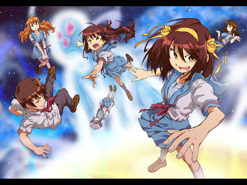 00s, 1boy, 5girls, asahina_mikuru, brown_eyes, brown_hair, celestial_(haruhi), celestial_(suzumiya_haruhi), dual_persona, genderswap, genderswap_(mtf), hairband, highres, koizumi_itsuki_(female), kyon, kyonko, letterboxed, long_hair, multiple_girls, nagato_yuki, ponytail, purple_hair, school_uniform, serafuku, short_hair, shun_(rokudena-shi), sos_brigade, suzumiya_haruhi, suzumiya_haruhi_no_yuuutsu, yellow_eyes