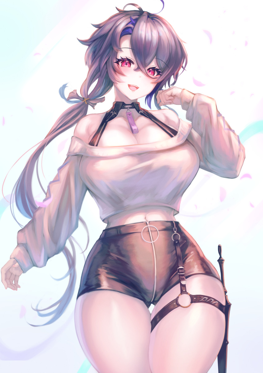 1girl, absurdres, azur_lane, bare_shoulders, belt, breasts, cleavage, cropped_sweater