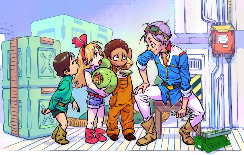 1girl, 3boys, blonde_hair, brown_hair, child, damaged, dark_skin, freckles