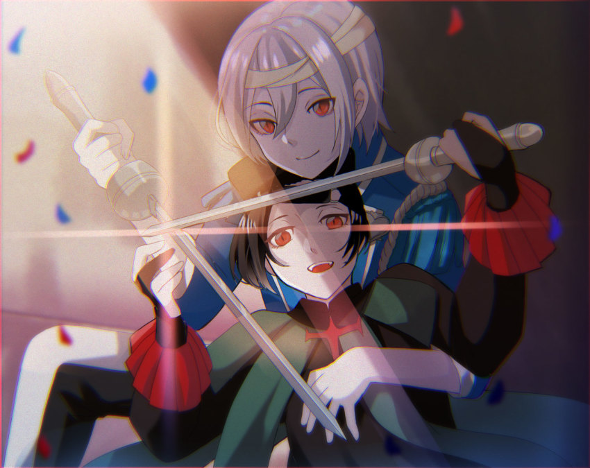 2boys, azuma_kei, black_gloves, black_hair, black_pants, blue_jacket, brothers, confetti