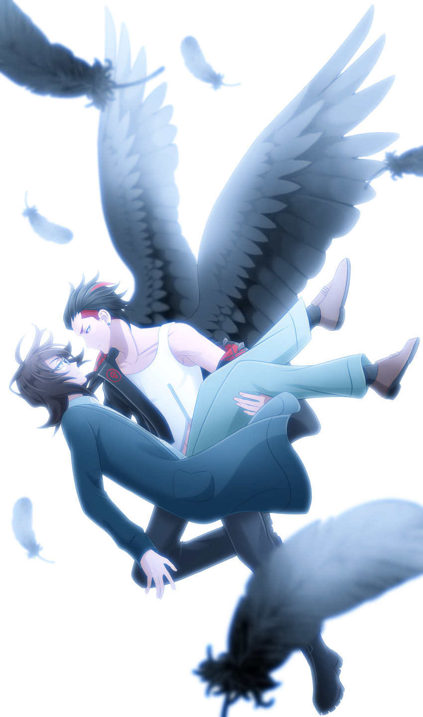 2boys, absurdres, black_hair, black_jacket, black_wings, blue_pants, brown_footwear, brown_hair, carrying, earrings, eye_contact, feathered_wings, feathers, glasses, highres, jacket, jewelry, long_hair, looking_at_another, male_focus, mist_flaiv, multicolored_hair, multiple_boys, pants, princess_carry, red_hair, saga_latour, shirt, short_hair, simple_background, stud_earrings, suisei_ms_(oba_0808), two-tone_hair, visual_prison, white_background, white_shirt, wings, yaoi
