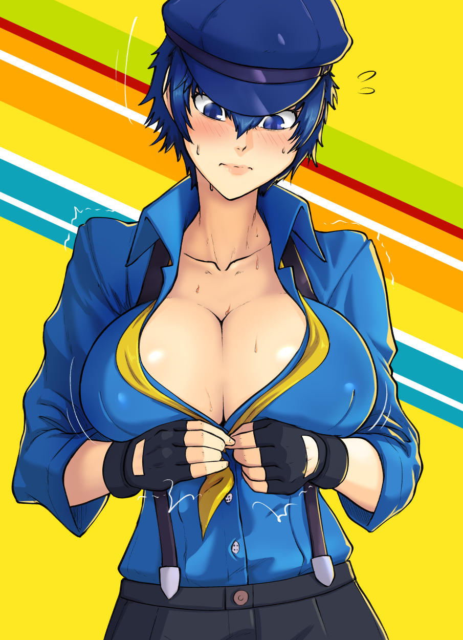 1girl, blue_eyes, blue_hair, blue_hat, blue_shirt, blush, breasts, newsboy_cap, cleavage, fingerless_gloves, gloves, hat, highres, kawa-v, large_breasts, necktie, official_alternate_costume, persona, persona_4, persona_4:_dancing_all_night, persona_dancing, shiny_skin, shirogane_naoto, shirt, short_hair, solo, suspenders, yellow_necktie