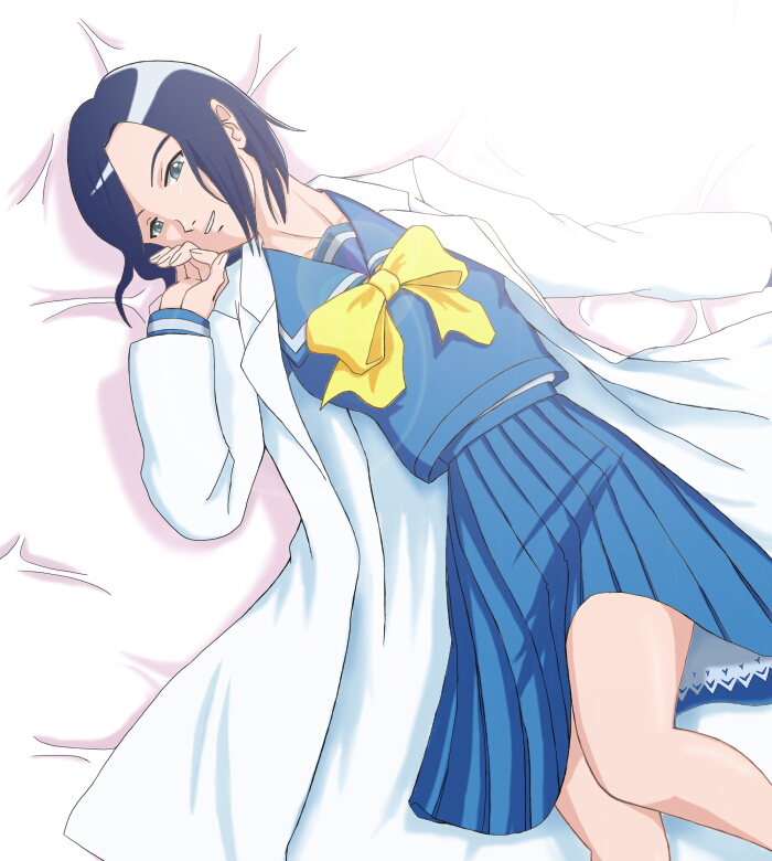 1girl, aqua_eyes, blue_hair, bow, female_focus, koriyama_aki, lab_coat, lying