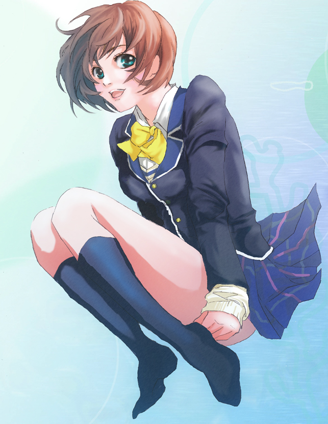 1girl, aqua_eyes, blazer, blue_skirt, bow, brown_hair, female_focus, full_body, gradient_background, jacket, kneehighs, nakaharaka, plaid, school_uniform, short_hair, skirt, socks, solo, tokimeki_memorial, tokimeki_memorial_4, yanagi_fumiko