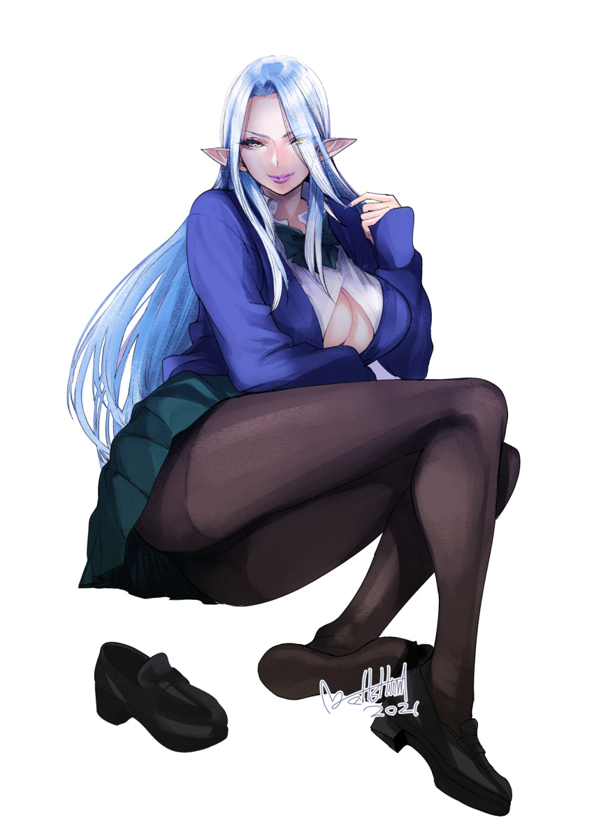 1girl, 2021, alternate_costume, aqua_bow, aqua_skirt, black_pantyhose, black_shoes, blouse