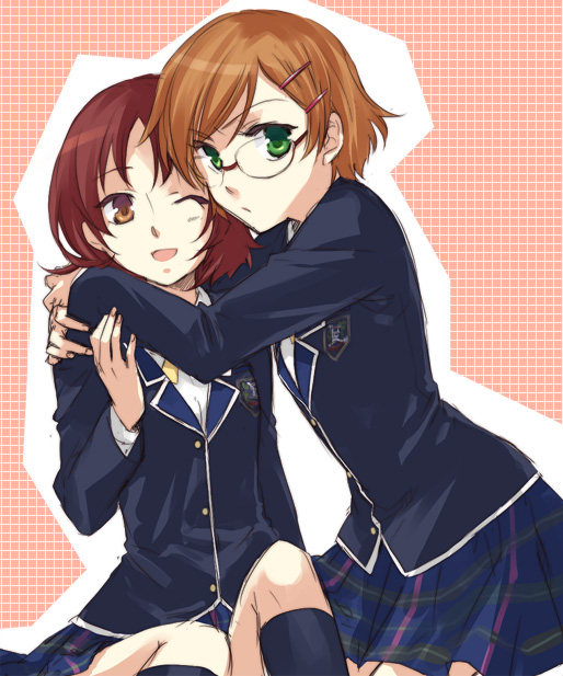 2girls, brown_eyes, brown_hair, glasses, godo_tsukumi, godou_tsugumi, green_eyes, hair_ornament