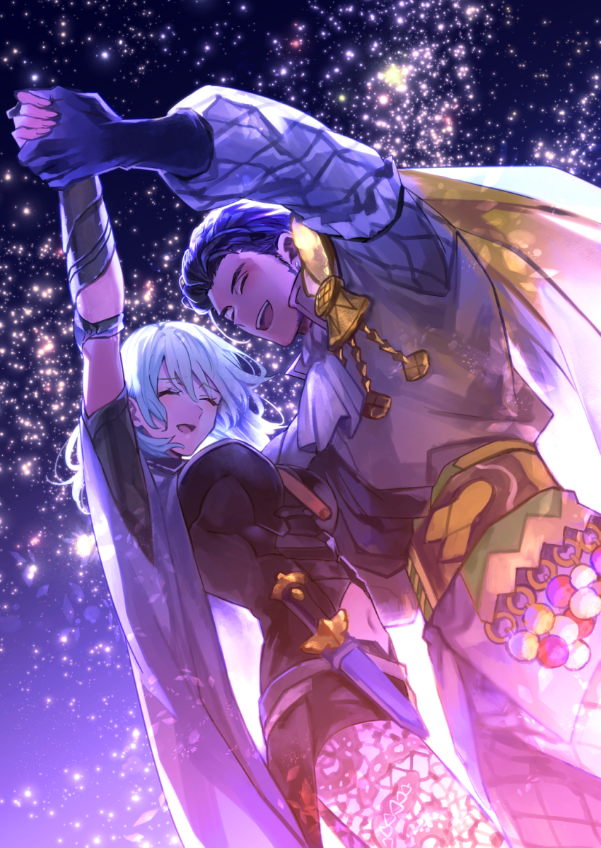 1boy, 1girl, aged_up, ascot, backlighting, female_byleth_(fire_emblem), cape, claude_von_riegan