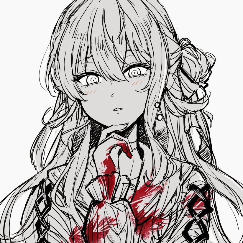 1girl, bad_id, bad_twitter_id, blood, blood_on_clothes, blush, choker, hair_bun