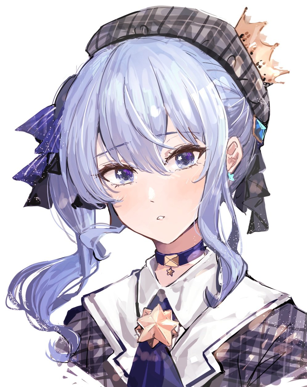 1girl, ascot, beret, black_hat, blue_ascot, blue_choker, blue_eyes, blue_hair