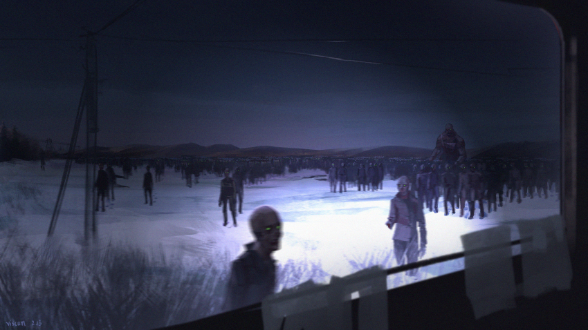 absurdres, commentary_request, elid_(girls'_frontline), foliage, girls'_frontline, glowing, glowing_eyes, green_eyes, highres, hill, looking_at_viewer, looking_outside, night, outdoors, pov, power_lines, sky, smasher_(girls'_frontline), spotlight, tree, utility_pole, vehicle_interior, viscum, window, zombie