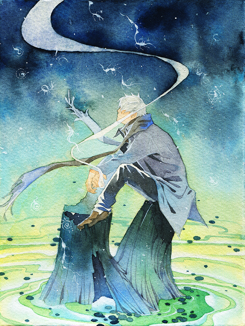 1boy, amber_t, black_pants, blue_background, brown_shoes, coat, commentary, floating_scarf, from_side, full_body, ginko_(mushishi), gradient_background, green_background, grey_coat, grey_scarf, long_sleeves, looking_away, male_focus, mushi_(mushishi), mushishi, own_hands_together, painting_(medium), pants, profile, scarf, shoes, short_hair, sitting, smoke, smoking, solo, traditional_media, tree_stump, watercolor_(medium), white_hair