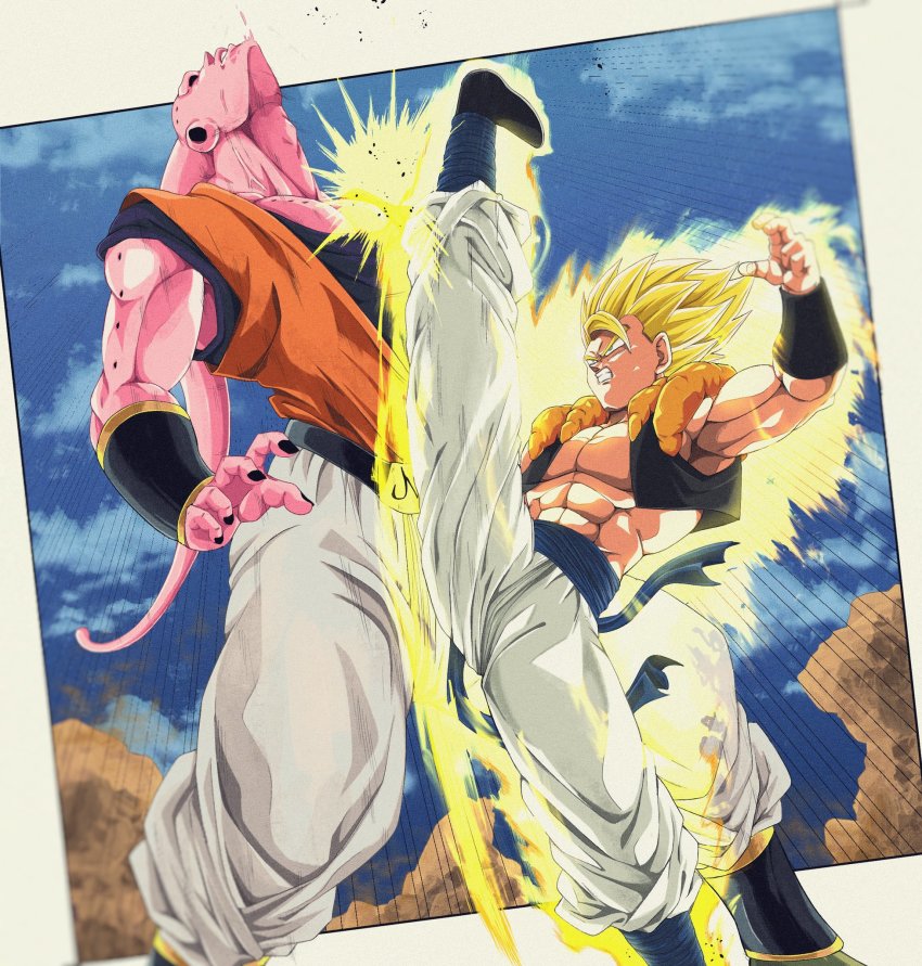 2boys, alternate_universe, aqua_eyes, baggy_pants, battle, belt, black_belt, black_nails, black_shirt, blonde_hair, blue_sash, blue_sky, bure_(fantasticyouth7), cloud, cloudy_sky, colored_skin, commentary, dougi, dragon_ball, dragonball_z, emphasis_lines, glowing, gogeta, highres, hitting, kicking, majin_buu, male_focus, martial_arts_belt, metamoran_vest, multiple_boys, muscular, nail_polish, orange_shirt, outside_border, pants, pink_skin, sash, serious, shirt, shoes, short_hair, sky, spiked_hair, stone, super_buu, super_saiyan, super_saiyan_1, vambraces, white_pants