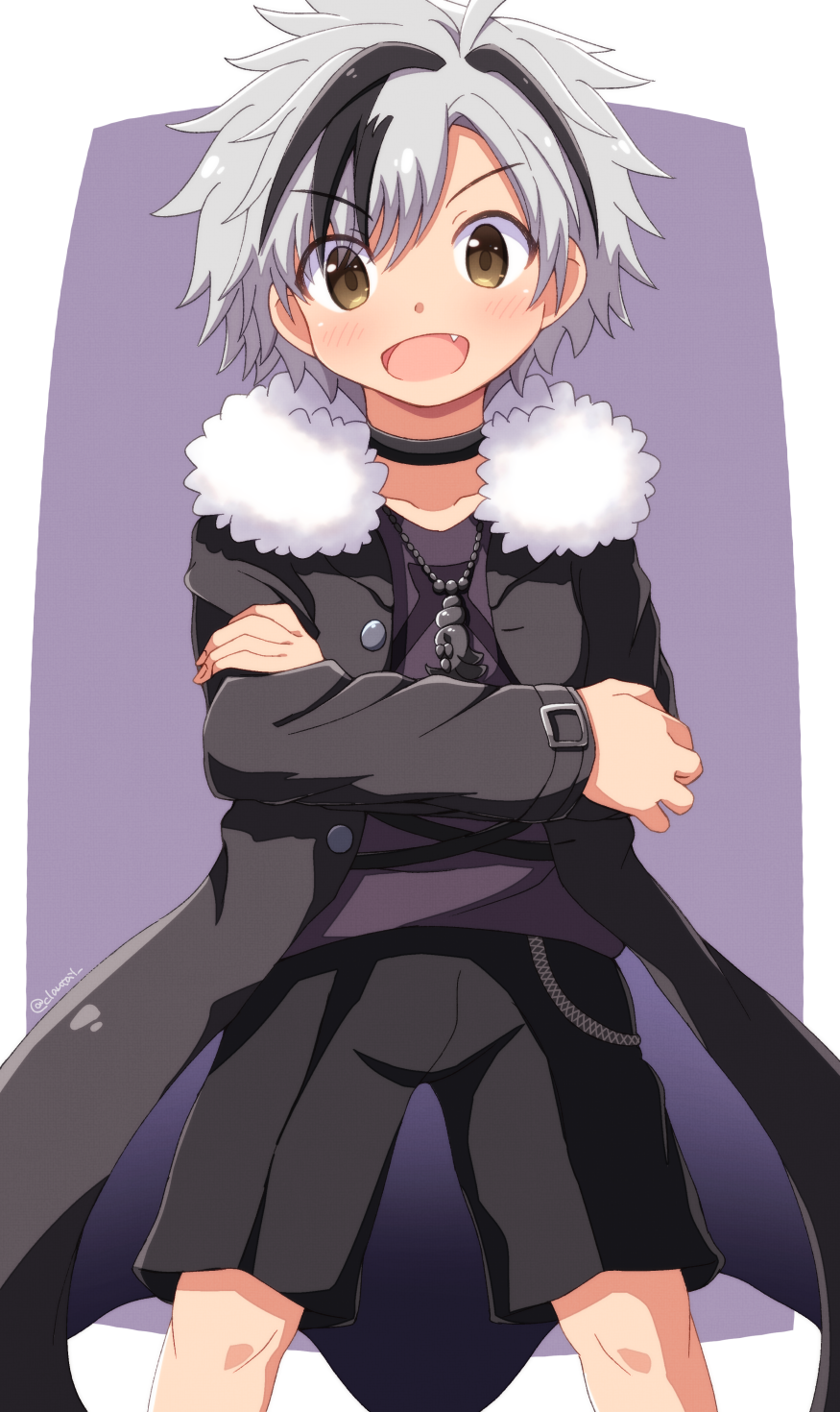 1boy, black_hair, clant_st, collar, commentary_request, crossed_arms, fang, grey_hair