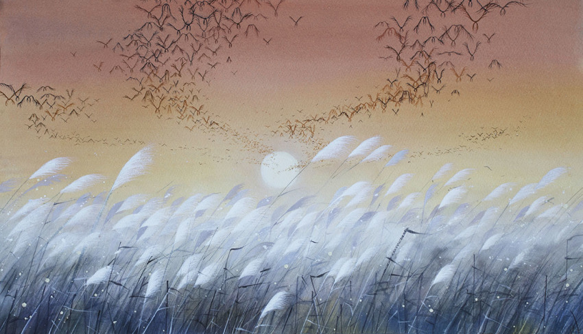 amber_t, bird, chinese_commentary, commentary_request, field, gradient_sky, grass, mushi_(mushishi)