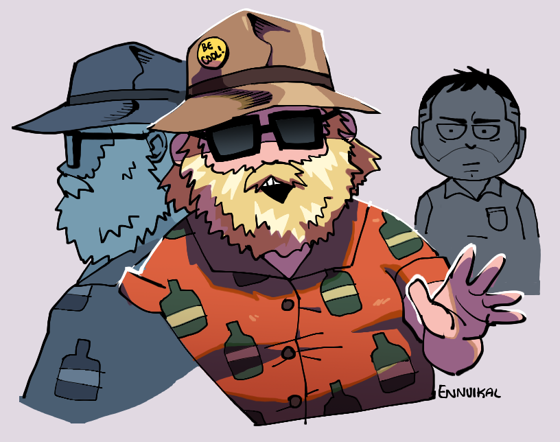 2boys, aged_up, annoyed, artist_name, beard, english_text, ennuikalart, facial_hair